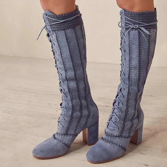 Free People × Silent D Blaire Lace-Up Boots Light Grey Blue Suede - Picture 12 of 12